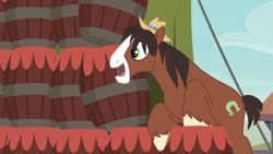 Size: 1366x768 | Tagged: safe, derpibooru import, screencap, trouble shoes, horse, pony, appleoosa's most wanted, barrel, cute, excited, happy, male, smiling, solo, stallion, troublebetes