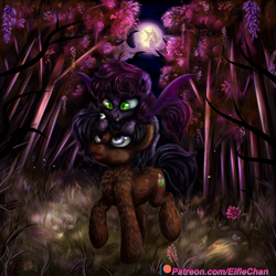 Size: 3000x3000 | Tagged: safe, artist:katakiuchi4u, derpibooru import, oc, oc only, bat pony, pony, bat pony oc, commission, female, forest, full moon, mare, mare in the moon, moon, night, patreon, patreon logo, ponies riding ponies, smiling, tree