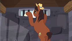 Size: 1366x768 | Tagged: safe, derpibooru import, screencap, trouble shoes, appleoosa's most wanted, bipedal, jail, male, peering, prison, sad, solo