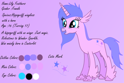 Size: 1500x1000 | Tagged: safe, artist:wonderschwifty, derpibooru import, oc, oc only, oc:lily feathers, hippogriff, cutie mark, purple background, reference sheet, simple background, wingless hippogriff