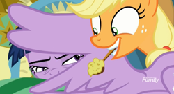 Size: 1638x894 | Tagged: safe, derpibooru import, screencap, applejack, twilight sparkle, twilight sparkle (alicorn), alicorn, earth pony, pony, school daze, apple mash, food, hiding behind wing, mouth hold