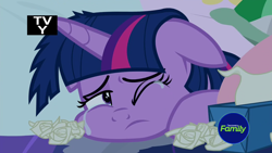 Size: 1920x1080 | Tagged: safe, derpibooru import, screencap, twilight sparkle, twilight sparkle (alicorn), alicorn, pony, school daze, crying, cute, discovery family logo, sad, solo, squishy cheeks, tissue, tissue box, twiabetes