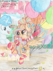 Size: 2461x3312 | Tagged: safe, artist:magnifsunspiration, derpibooru import, party favor, oc, oc:melassa happy-go-lucky soul, pegasus, pony, unicorn, balloon, clothes, female, high res, mare, socks, striped socks, traditional art