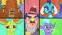 Size: 1920x1080 | Tagged: safe, derpibooru import, screencap, grampa gruff, prince rutherford, princess ember, seaspray, thorax, changedling, changeling, classical hippogriff, dragon, griffon, hippogriff, yak, school daze, blind eye, discovery family logo, eye scar, fez, hat, king thorax, scar, split screen