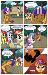 Size: 2030x3130 | Tagged: safe, artist:sirzi, derpibooru import, apple bloom, scootaloo, sweetie belle, oc, earth pony, pegasus, pony, unicorn, comic:talisman for a pony, bench, comic, cutie mark crusaders, glue, helmet, messy mane, rainbow wig, silhouette, soda, stuck, talisman