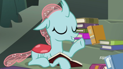 Size: 1920x1080 | Tagged: safe, derpibooru import, screencap, ocellus, changedling, changeling, school daze, book, discovery family logo, eyes closed, lip bite, raised hoof, solo