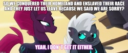 Size: 1194x499 | Tagged: safe, derpibooru import, edit, edited screencap, screencap, grubber, tempest shadow, pony, unicorn, my little pony: the movie, school daze, armor, broken horn, colored sclera, dialogue, duo, eye scar, makes no sense, scar