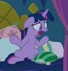 Size: 1196x1247 | Tagged: safe, derpibooru import, screencap, twilight sparkle, twilight sparkle (alicorn), alicorn, pony, school daze, bed, cropped, female, pillow, solo