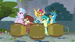 Size: 1280x720 | Tagged: safe, derpibooru import, screencap, gallus, ocellus, sandbar, silverstream, smolder, yona, changedling, changeling, classical hippogriff, dragon, earth pony, griffon, hippogriff, pony, yak, school daze, student six