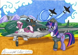 Size: 6987x4943 | Tagged: safe, derpibooru import, cheerilee, twilight sparkle, twilight sparkle (alicorn), alicorn, absurd resolution, aircraft, ancient wonderbolts uniform, cheerilight, clothes, female, jacket, jet, jet fighter, lesbian, mountain, mountain range, scenery, shipping, sunglasses, traditional art, venom