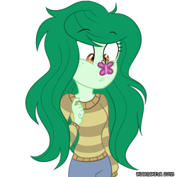 Size: 800x800 | Tagged: safe, artist:wubcakeva, derpibooru import, wallflower blush, butterfly, better together, equestria girls, forgotten friendship, behaving like a tree, butterfly on nose, clothes, female, freckles, insect on nose, pants, simple background, solo, sweater, transparent background, wallflower and plants, wallflower is a plant