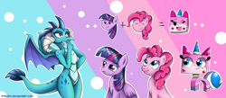 Size: 900x394 | Tagged: safe, artist:pyropk, derpibooru import, pinkie pie, princess ember, twilight sparkle, twilight sparkle (alicorn), alicorn, dragon, earth pony, pony, crossover, female, lego, smiling, the lego movie, twilight is not amused, unamused, unikitty