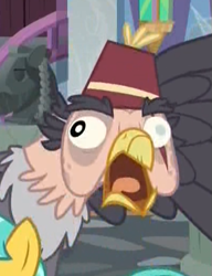 Size: 397x518 | Tagged: safe, derpibooru import, screencap, grampa gruff, griffon, school daze, blind eye, coughing, cropped, derp, eye scar, faic, fez, hat, majestic, male, open mouth, scar, school of friendship