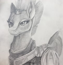 Size: 2286x2358 | Tagged: safe, artist:portalsmeow, derpibooru import, tempest shadow, pony, unicorn, my little pony: the movie, armor, broken horn, eye scar, graphite sketch, scar, solo, traditional art