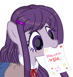 Size: 1024x1083 | Tagged: safe, artist:xmelodyskyx, derpibooru import, pony, spoiler:doki doki literature club, blood, clothes, death threat, doki doki literature club, female, implied blood, implied murder, mare, mouth hold, note, ponified, simple background, solo, spoilers for another series, threat, transparent background, yandere, yuri (ddlc)