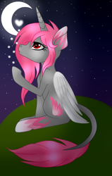 Size: 822x1296 | Tagged: safe, artist:cindydreamlight, derpibooru import, oc, oc:prime wing, alicorn, pony, colored wings, female, mare, moon, night, sitting, solo