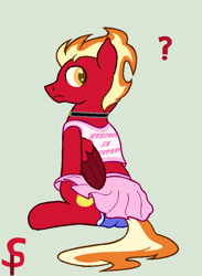 Size: 635x866 | Tagged: safe, artist:peregrinstaraptor, derpibooru import, oc, oc:sunfyre, pegasus, pony, cheerleader outfit, clothes, crossdressing, male, panties, simple background, sitting, solo, stallion, underwear