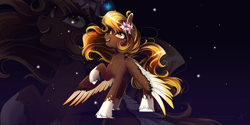 Size: 1600x800 | Tagged: safe, artist:wilvarin-liadon, derpibooru import, oc, oc only, oc:meze diapason, pegasus, pony, colored wings, colored wingtips, female, flower, flower in hair, jewelry, looking up, mare, multicolored wings, necklace, night, night sky, open mouth, raised hoof, sky, smiling, socks (coat marking), solo, spread wings, stars, unshorn fetlocks, wings, ych result, zoom layer