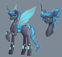 Size: 3823x3507 | Tagged: safe, artist:nauth, derpibooru import, oc, oc only, oc:queen polistae, alicorn, changeling, changeling queen, pony, blue changeling, changeling oc, changeling queen oc, commission, eyelashes, female, gem, gray background, lidded eyes, mare, raised hoof, simple background