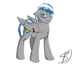 Size: 1600x1400 | Tagged: safe, artist:renniksarts, derpibooru import, oc, oc only, pegasus, pony, black eye, bleeding, blood, cut, cutie mark, injured wing, male, simple background, solo, stallion, transparent background