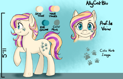 Size: 1600x1024 | Tagged: safe, artist:renniksarts, derpibooru import, oc, oc only, oc:allycat blu, earth pony, pony, alternative cutie mark placement, cutie mark, female, mare, paw prints, raised leg, reference sheet, smiling, solo