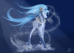 Size: 1024x724 | Tagged: safe, artist:renniksarts, derpibooru import, pony, unicorn, abstract background, blank flank, clothes, crepuscular rays, crossover, curved horn, female, final fantasy, ice, leggings, magic, mare, ponified, shiva, solo, unshorn fetlocks, watermark