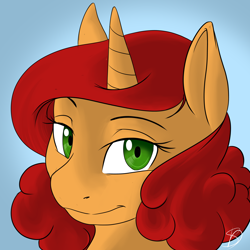Size: 5846x5846 | Tagged: safe, artist:renniksarts, derpibooru import, oc, oc only, oc:keyframe, pony, unicorn, abstract background, absurd resolution, bust, commission, female, lidded eyes, looking at you, mare, red hair, solo