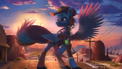 Size: 1920x1080 | Tagged: safe, artist:discordthege, derpibooru import, oc, oc only, oc:lightning flash, pegasus, pony, fallout equestria, clothes, cloud, commission, cowboy hat, hat, looking away, male, pipboy, pipbuck, raised hoof, scenery, sheriff's badge, sky, smiling, solo, spread wings, stallion, stetson, sunset, telephone pole, wings