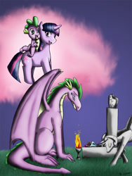 Size: 700x933 | Tagged: safe, artist:evil-rick, derpibooru import, spike, twilight sparkle, unicorn twilight, dragon, pony, unicorn, adult, adult spike, dragons riding ponies, fanfic, fanfic art, female, grave, immortality blues, male, mare, older, older spike, riding, winged spike