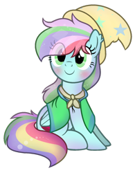 Size: 1024x1310 | Tagged: safe, artist:xmelodyskyx, derpibooru import, oc, oc:pastel magic, pegasus, pony, base used, blushing, cape, clothes, female, hat, mare, simple background, sitting, solo, transparent background