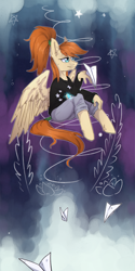 Size: 1000x2000 | Tagged: safe, artist:lonerdemiurge_nail, derpibooru import, oc, anthro, pegasus, clothes, female, mare, night, pants, paper plane, solo, sweater