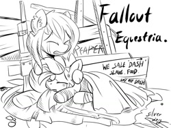 Size: 1024x768 | Tagged: safe, artist:silver ring, derpibooru import, oc, oc only, earth pony, pony, zebra, fallout equestria, assault rifle, black and white, crying, duo, eyes closed, fallout, female, grayscale, gun, machete, male, mare, monochrome, rifle, stallion, wasteland, weapon, zebra oc