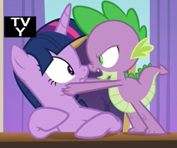 Size: 1179x981 | Tagged: safe, derpibooru import, screencap, spike, twilight sparkle, twilight sparkle (alicorn), alicorn, dragon, pony, school daze, boop, cropped, duo, eye contact, female, looking at each other, male, mare, nose wrinkle, scrunchy face