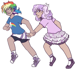 Size: 1627x1489 | Tagged: safe, artist:kikirdcz, derpibooru import, oc, oc only, oc:quartz horn, oc:rainbow feather, hippogriff, human, clothes, compression shorts, converse, cute, cutie mark clothes, humanized, humanized oc, interspecies offspring, magical lesbian spawn, next generation, offspring, parent:gilda, parent:rainbow dash, parents:gildash, running, shoes, shorts, simple background, skirt, socks, transparent background