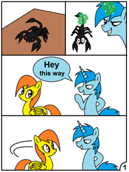 Size: 748x996 | Tagged: safe, artist:pencil bolt, derpibooru import, oc, oc:orange terra, pegasus, pony, scorpion, unicorn, comic:theponyfuture scorpio, comic, female, male, red eyes, theponyfuture