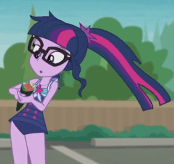 Size: 656x619 | Tagged: safe, derpibooru import, screencap, sci-twi, twilight sparkle, better together, equestria girls, x marks the spot, animated, clothes, cropped, cute, food, solo, swimsuit