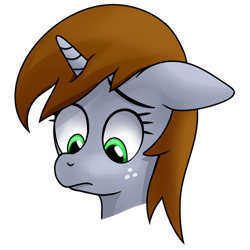 Size: 830x830 | Tagged: safe, artist:wellfugzee, derpibooru exclusive, derpibooru import, oc, oc only, oc:littlepip, pony, unicorn, fallout equestria, bust, fanfic, fanfic art, female, freckles, horn, mare, portrait, sad, simple background, solo, transparent background