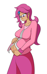 Size: 988x1540 | Tagged: safe, artist:jake heritagu, derpibooru import, scootaloo, human, comic:ask motherly scootaloo, belly, belly button, clothes, commission, hairpin, humanized, jacket, motherly scootaloo, pregnant, pregnant scootaloo