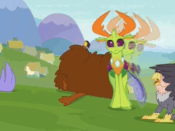 Size: 882x660 | Tagged: safe, derpibooru import, screencap, grampa gruff, prince rutherford, seaspray, thorax, changedling, changeling, griffon, hippogriff, yak, school daze, animated, behaving like a goat, changeling king, cloven hooves, cross-eyed, derp, dropping thorax, eye scar, fainting goat, falling, falling over, fez, frown, gif, hat, king thorax, knocked out, majestic as fuck, male, on back, on side, open mouth, scar, spread wings, stiff, wat, wavy mouth, wide eyes, wings
