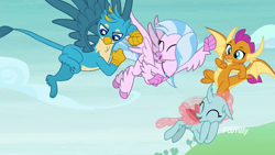 Size: 1920x1080 | Tagged: safe, derpibooru import, screencap, gallus, ocellus, silverstream, smolder, changedling, changeling, classical hippogriff, dragon, griffon, hippogriff, school daze, claws, discovery family logo, dragoness, female, flying, jewelry, necklace, paws, quartet, smiling, toe beans