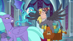 Size: 1280x720 | Tagged: safe, derpibooru import, screencap, grampa gruff, prince rutherford, princess ember, seaspray, dragon, griffon, hippogriff, yak, school daze, angry, argument, bickering, blind eye, canterlot castle, ear piercing, earring, eye scar, faceoff, fez, flying, hat, horn ring, jewelry, necklace, piercing, raised claw, scar, spread wings, wings