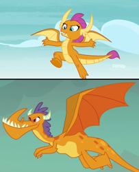 Size: 650x800 | Tagged: safe, derpibooru import, screencap, billy (dragon), smolder, dragon, school daze, background dragon, discovery family logo, dragoness, female, flying, spread wings, teenaged dragon, wings