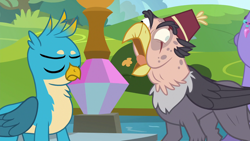 Size: 1280x720 | Tagged: safe, derpibooru import, screencap, gallus, grampa gruff, seaspray, griffon, school daze, blind eye, derp, disbelief, duo focus, eye scar, eyes closed, fez, hat, majestic, open beak, open mouth, reeee, scar, shocked