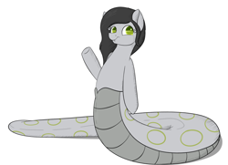 Size: 1314x949 | Tagged: safe, artist:hartenas, derpibooru import, oc, oc only, oc:lily, lamia, original species, snake pony, looking at you, simple background, smiling, solo, waving