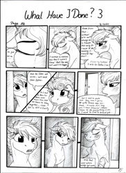 Size: 1600x2200 | Tagged: safe, artist:lupiarts, derpibooru import, oc, oc only, oc:camilla curtain, oc:chess, oc:roselyn bloom, pegasus, pony, unicorn, comic:what have i done, black and white, comic, crying, female, filly, grayscale, monochrome, sad, speech bubble, talking, traditional art