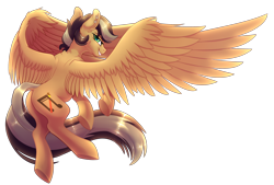 Size: 2850x1922 | Tagged: safe, artist:aegann, derpibooru import, oc, oc only, oc:artsong, pegasus, pony, ear piercing, earring, female, flying, jewelry, large wings, looking at you, looking back, looking back at you, mare, piercing, simple background, smiling, solo, spread wings, transparent background, underhoof, wings