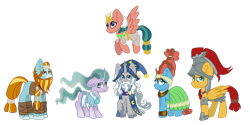 Size: 1024x513 | Tagged: safe, artist:mintoria, derpibooru import, flash magnus, meadowbrook, mistmane, rockhoof, somnambula, star swirl the bearded, earth pony, pegasus, pony, unicorn, clothes, female, male, mare, pillars of equestria, simple background, stallion, transparent background