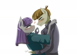 Size: 1954x1388 | Tagged: safe, artist:traupa, derpibooru import, boulder (pet), maud pie, mudbriar, anthro, earth pony, the maud couple, blushing, clothes, cute, female, floating heart, heart, looking at each other, male, maudbriar, profile, shipping, simple background, smiling, straight, when he smiles, when she smiles, white background