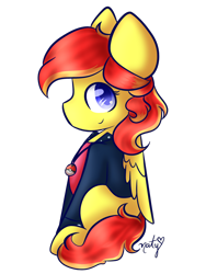 Size: 1200x1600 | Tagged: safe, artist:naty7913, derpibooru import, oc, oc:jessica pedley, pegasus, pony, chibi, clothes, female, mare, simple background, sitting, solo, suit, transparent background