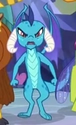 Size: 200x329 | Tagged: safe, derpibooru import, screencap, prince rutherford, princess ember, thorax, changedling, changeling, dragon, school daze, angry, cropped, dragoness, emberbetes, female, insulted, king thorax, solo focus